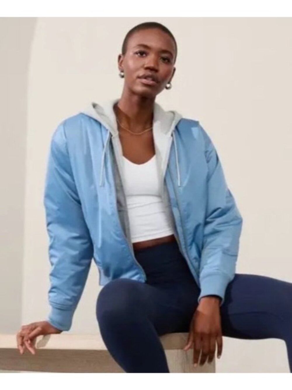 NEW Athleta Sateen Bomber Jacket Insulated Medium Water Repellant Blue Full-Zip